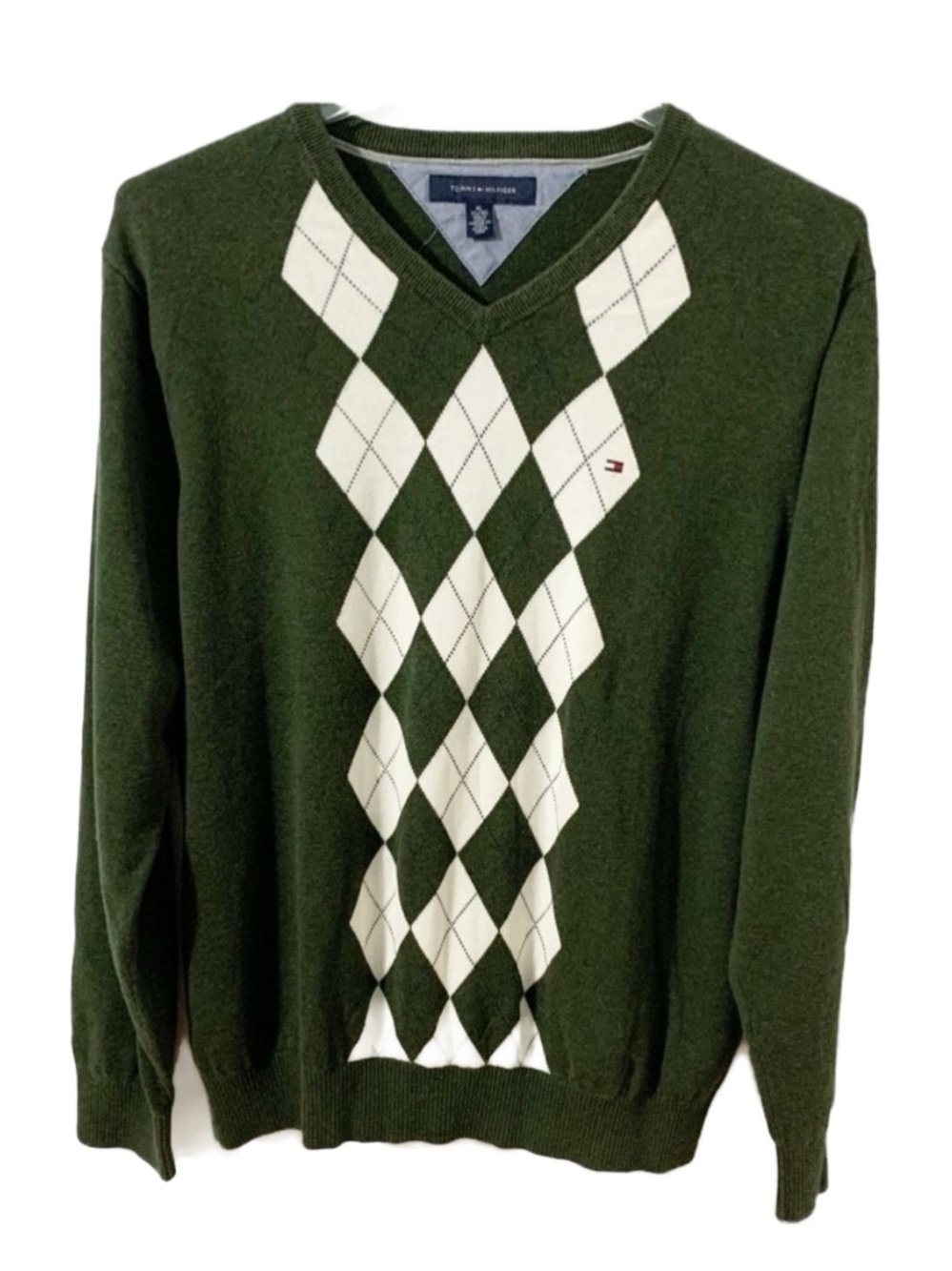Tommy Hilfiger Long Sleeve Cotton Argyle V-neck Pullover Sweater 🟢⚪️ Cuffs